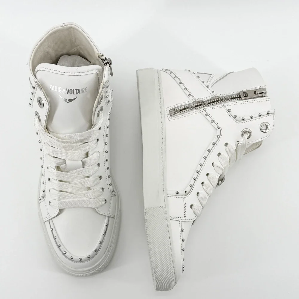 Zadig & Voltaire Womens ZV1747 Flash High Top Sneakers White Leather Studded NEW